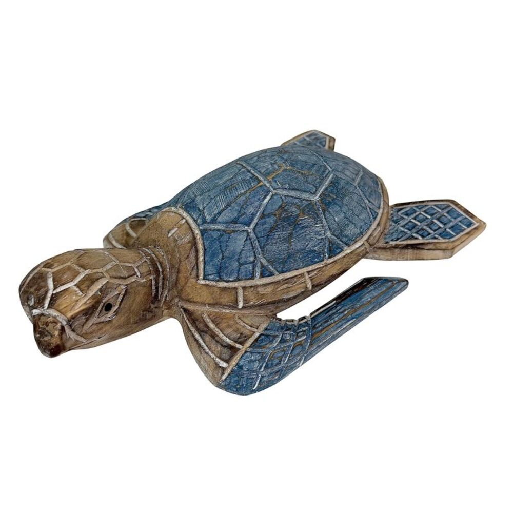 Sea Turtle Statue Hand Carved Wood Blue Coastal Decor 12in Tabletop Art